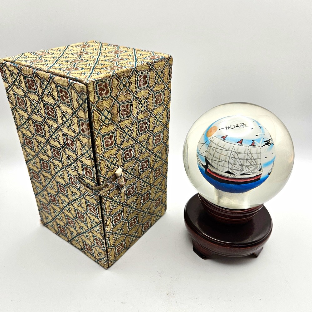 Vtg Chinese Reverse Painted Glass Sphere Paperweight  "Smooth Sailing" w/ Stand